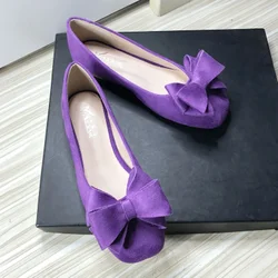 Femme Sweet Big Bow Flats Flock Slip-Ons For Tender Feet Purple Green Shoes Square Toe Ballerina Soft De Mujer Beige Sole 33-48