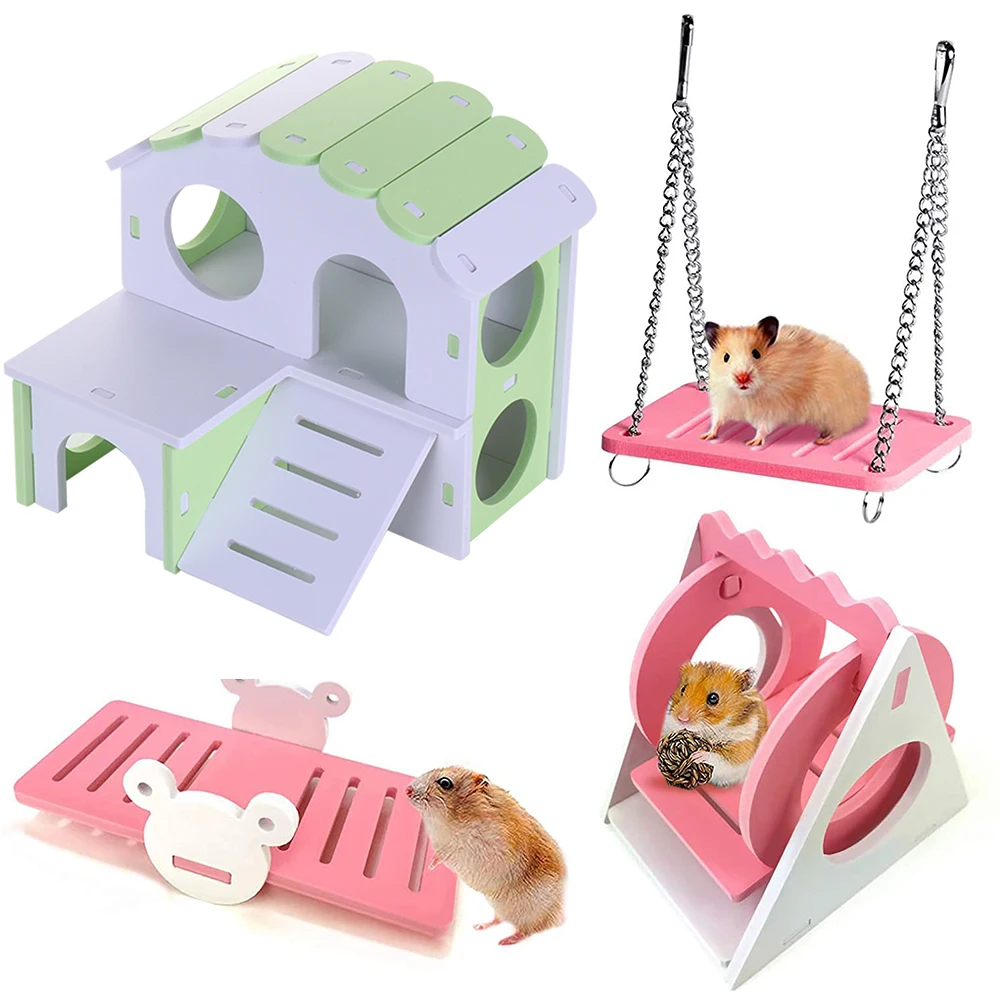 Wooden Hamster Play Toys Set Hamster House Boredom Breaker Activity Toy DIY Hamster Cage Accessories for Small Pets