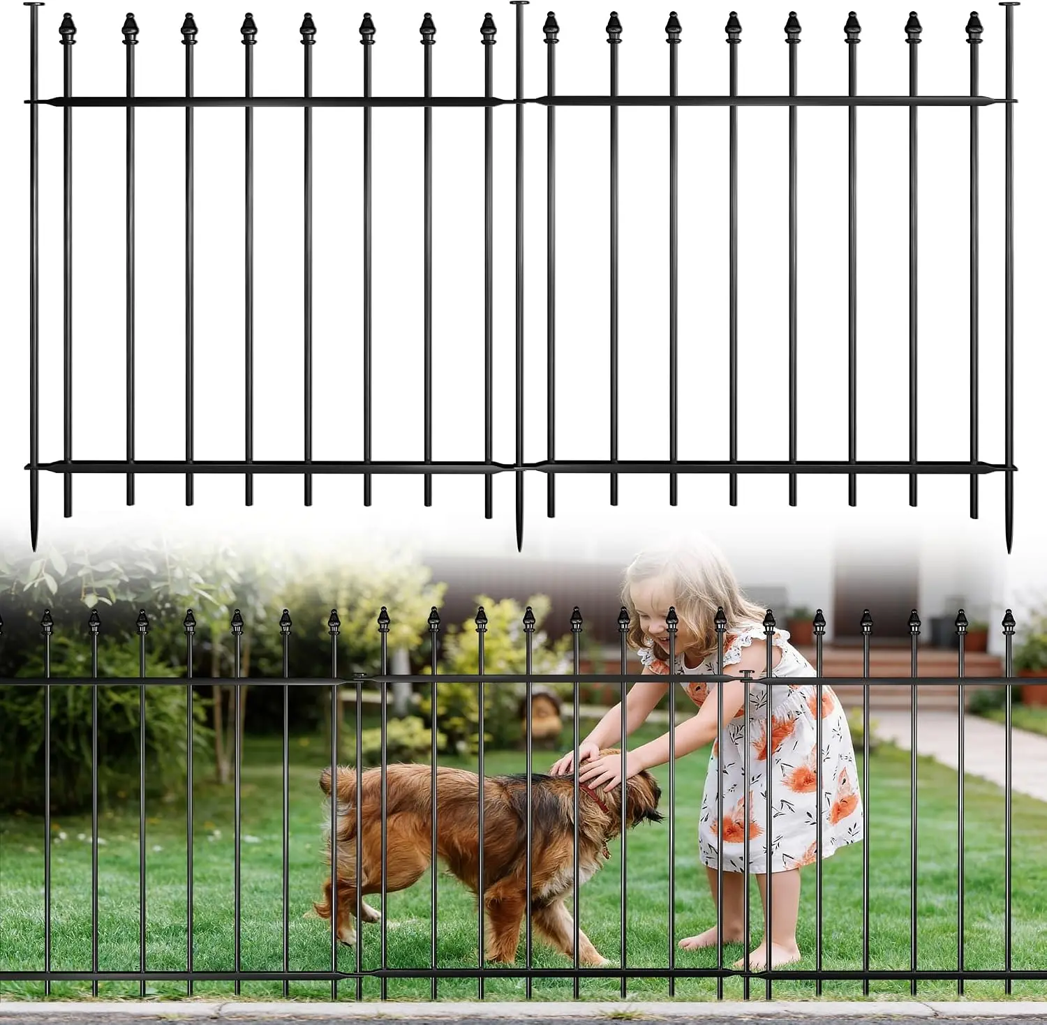 Decorative Metal Garden Fence,(12 Panels+ 13 Posts), Total Iength24 ft(W) x 24 in(H), High Metal Border Fence, Classic Roman