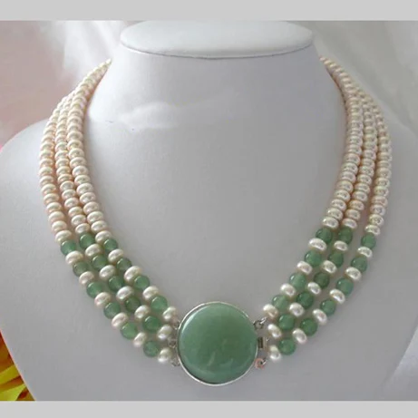 Favorite Pearl Necklace,Stunning 3Rows 7-8mm Round White Freshwater Pearl Green Jade Necklace,Charming Women Gift