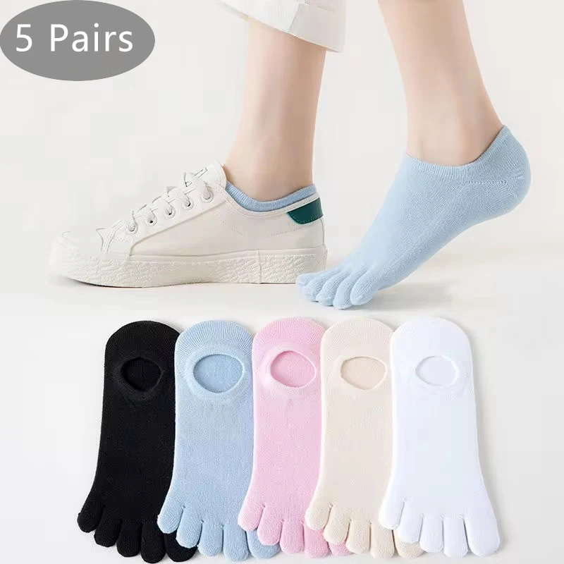 

5 Pairs Summer Invisible Toe Socks Woman Girl Cotton Thin Solid Soft Shallow Mouth Breathable Deodorant No Show 5 Finger Socks