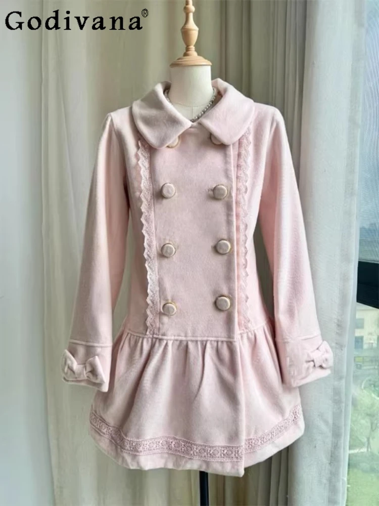 

Autumn and Winter Pink Japanese Lolita Double-Breasted Woolen Jackets for Women Girls Sweet Cute Slimming Overcoat Y2K Outerwear