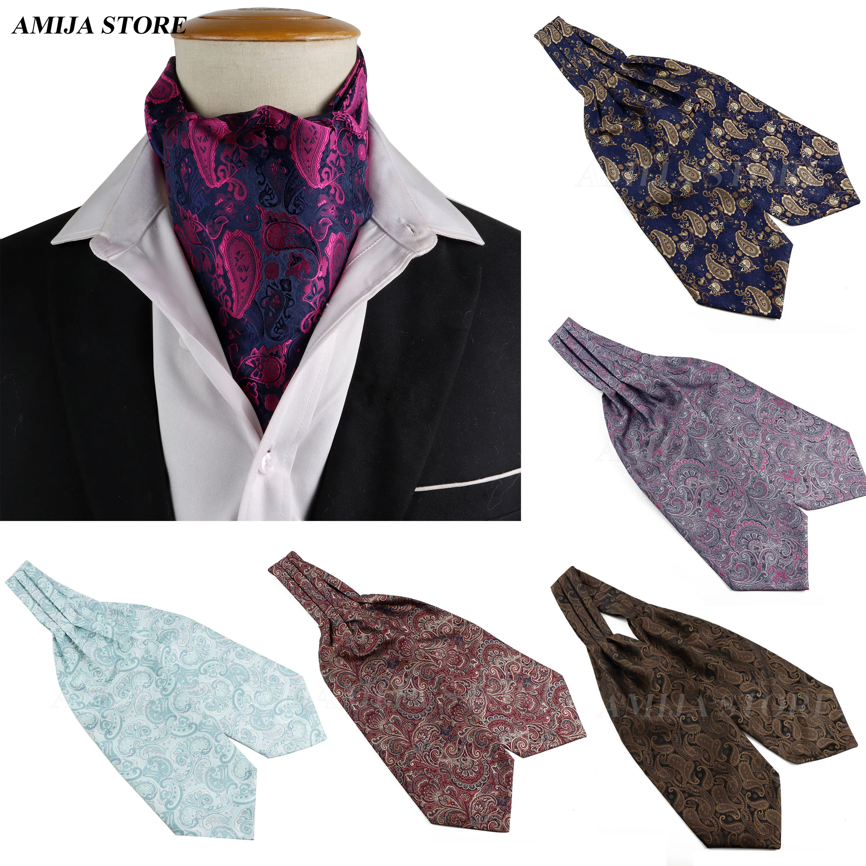 New Design Men's Ascot Scarf Paisley Pattern Woven Mens Blet Tie Navy Blue Wedding Party Soft Neck Tie Gifts Daily Accessories
