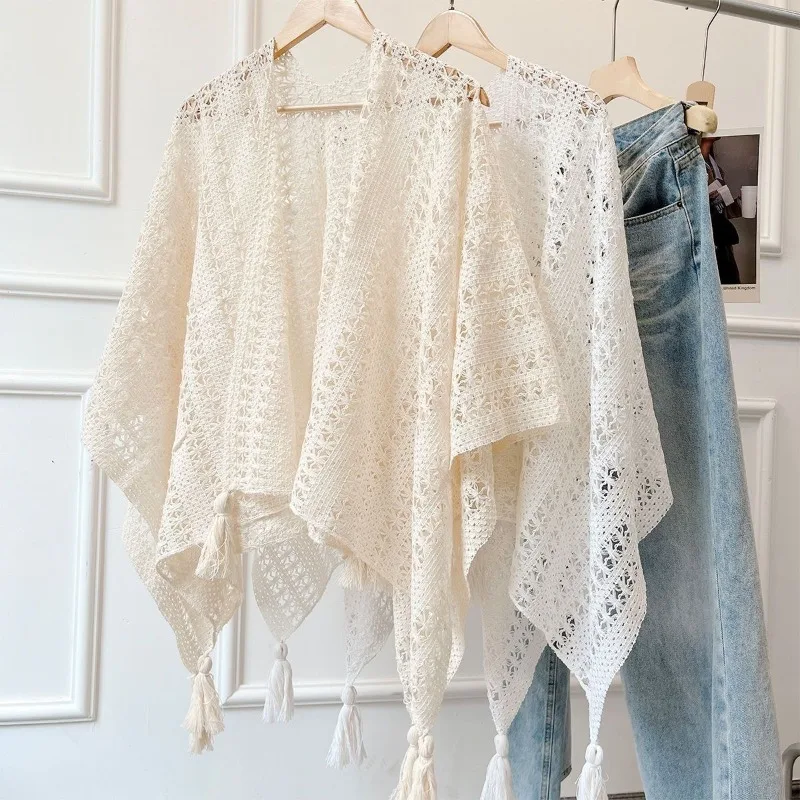 

Vintage Knitted Poncho Cardigan Women Ethnic Tassel Cape with Scarf Spring Holiday Outerwear Cozy Fleece Lined Camping