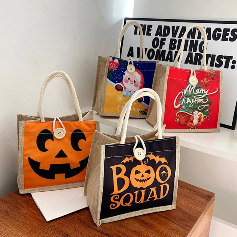 

Halloween Pumpkin Linen Bag painted Cotton Sacks Jute Portable Candy Sacks Linen Bags Shopping Bags Handbags Gift Bag Christmas