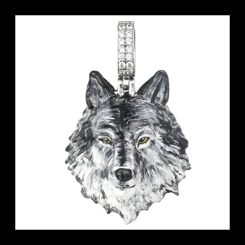 قلادة رأس الذئب المينا المطلية يدويًا نقية، قلادة طوطم الذئب المرصعة بالألماس على طراز الهيب هوب