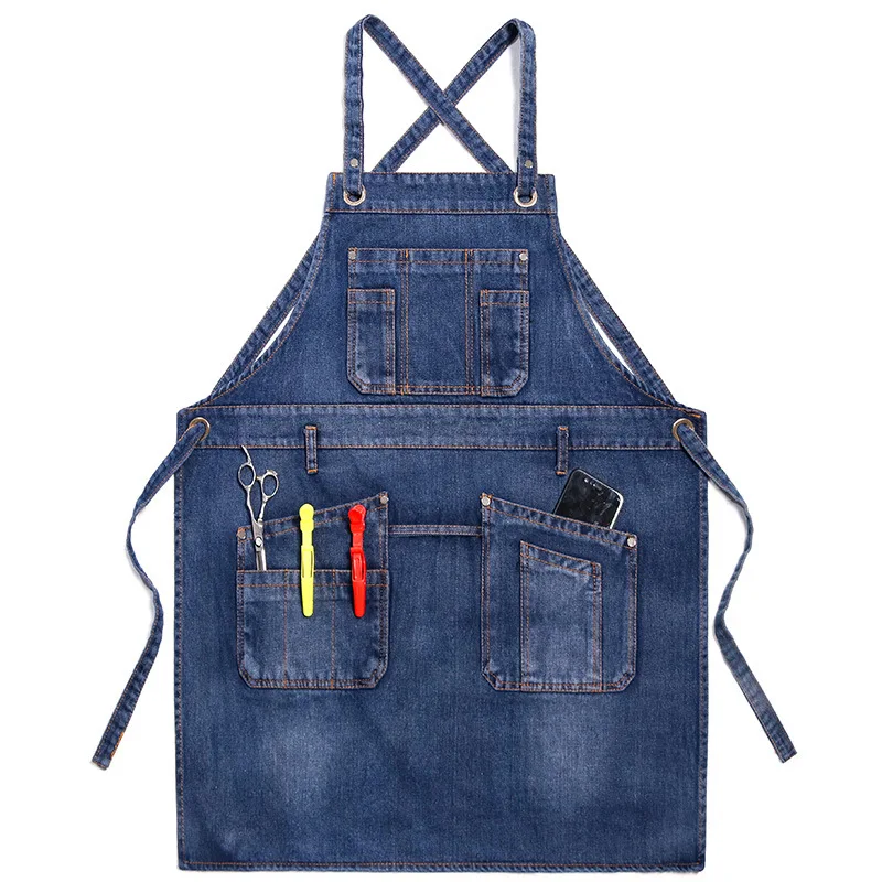 Casual Retro Denim Slanted Pocket Apron Men Women Barber Multi-Functional Work Clothes CoffeeShop Kitchen Stain Resistant Apron