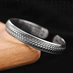 Vintage Thai Silver Weaving Surface Cuff Bangle for Women Men Creative Ethnic Design Handmade Bangles Fashion Jewelry Gift