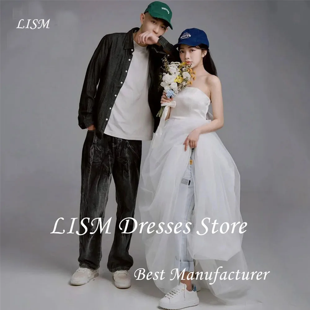 

LISM Simple Strapless Korea Wedding Reception Dresses Customized Satin Tulle Photo Shoot Dresses Simple Backless Bridal Gown