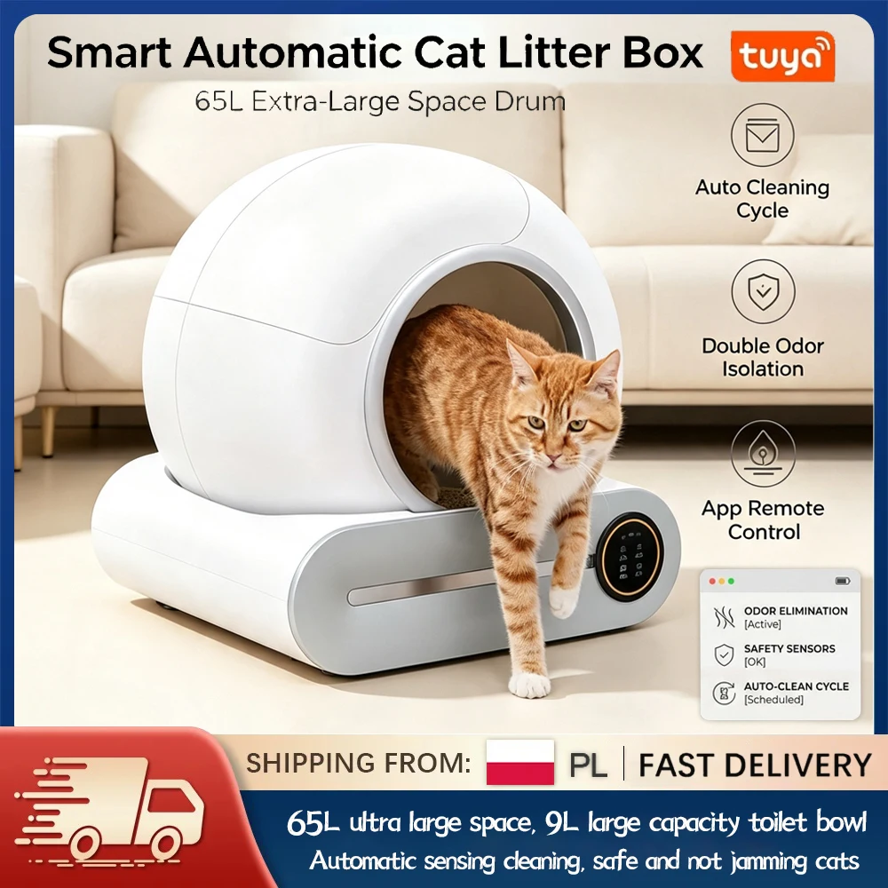 Slimme kattenbak 65L extra grote capaciteit Automatisch semi-gesloten zelfreinigend kattentoilet Geurzuiveringssysteem Slim anti-knijp veiligheidssensor Inductiesensor APP Afstandsbediening
