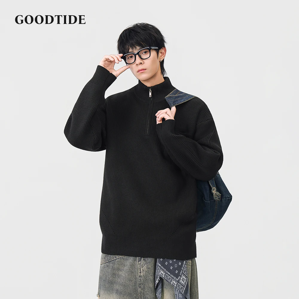Fashion Men's Casual Half - Zip Mock Neck Sweater 2025 Winter New Ribbed Knit Pullover Pocket Soft Long Sleeve Jumper Top