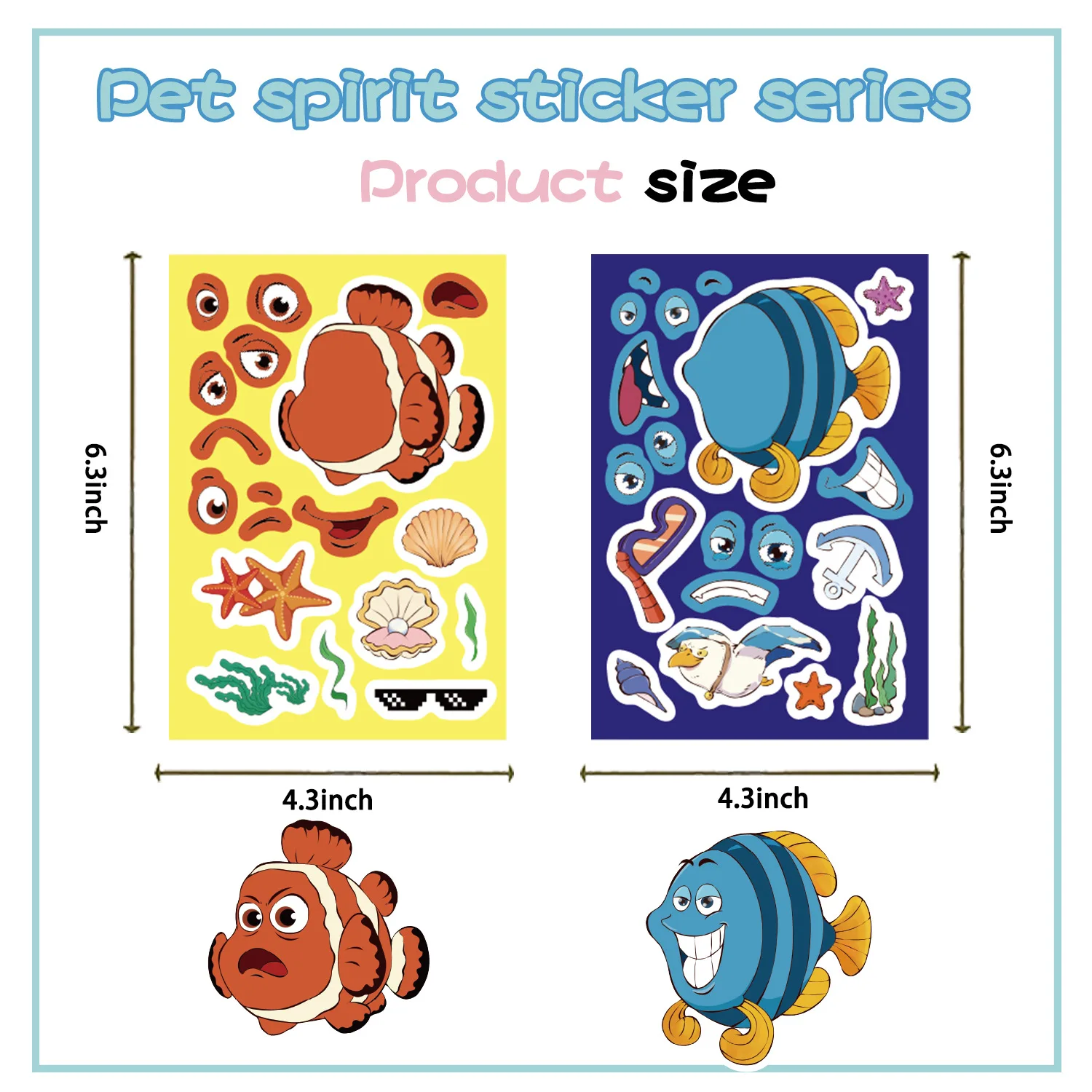 8/16 Pcs Cartoon Marine Animal Make A Face Stickers DIY Game for Phone Bicycle Car Door Guitar Cup Printer Decals