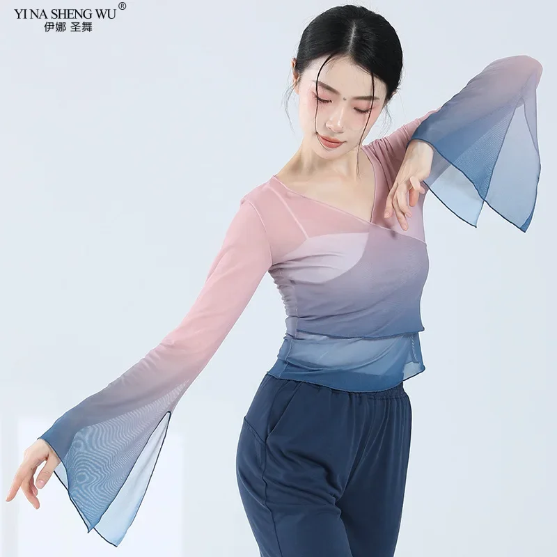 Classical Dance Top for Female Gradient Chinese Folk Dance Practice Top Modern Dance Belly Dance Women Mesh Gradual Dance Top