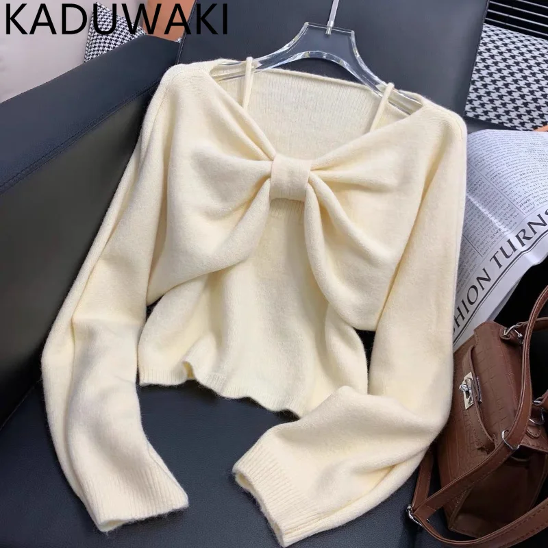 Sweet Bow Long Sleeve Sweater Women + Slim Fit Simple Knitted Tank Tops Women Autumn Winter 2024 New Korean Chic Two Piece Set