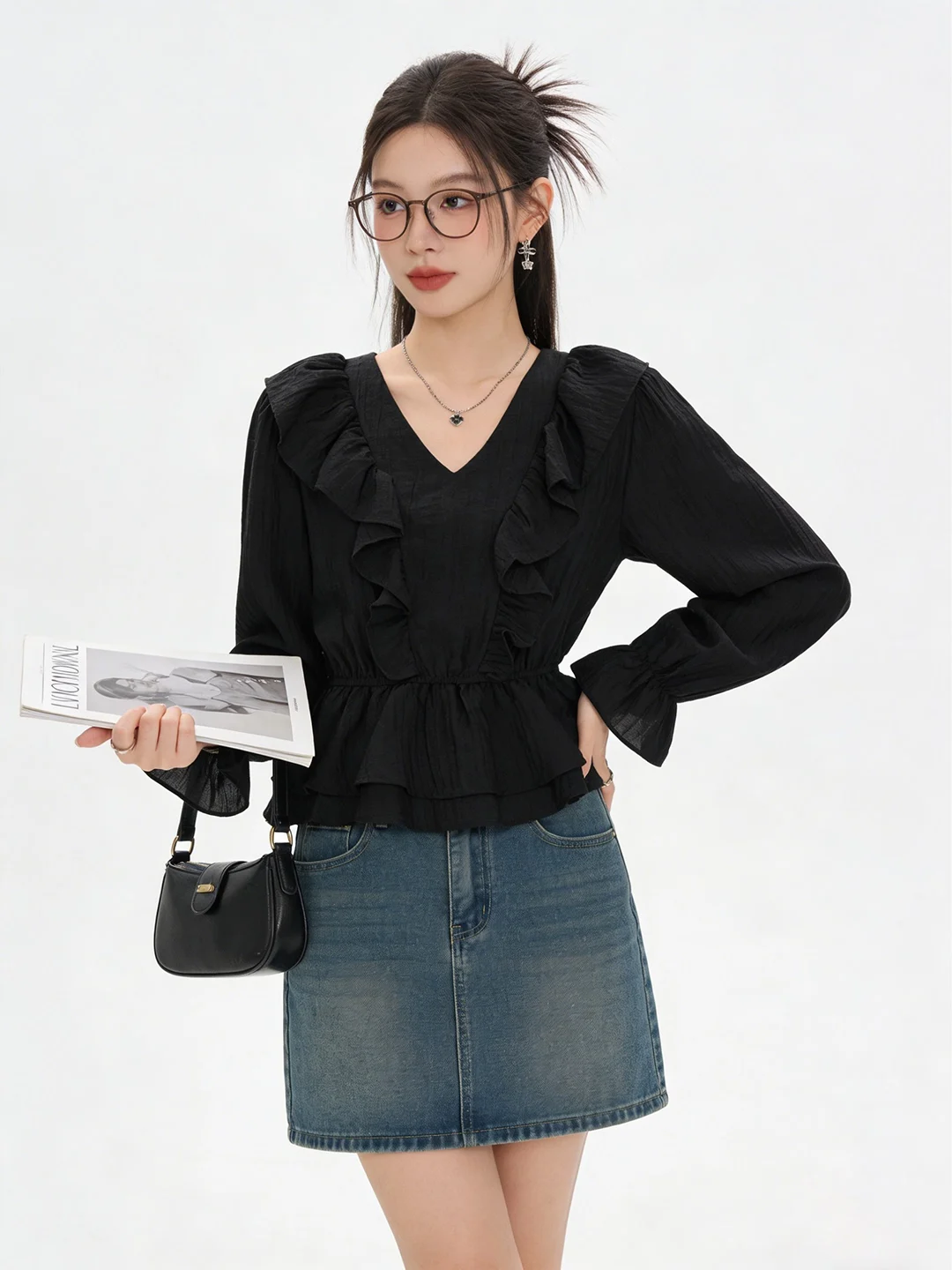

Elegant Black Long Sleeve V-Neck Women's Shirt Spring Slimming Design Gored Hem Commute Style Comfortable Breathable Fashion