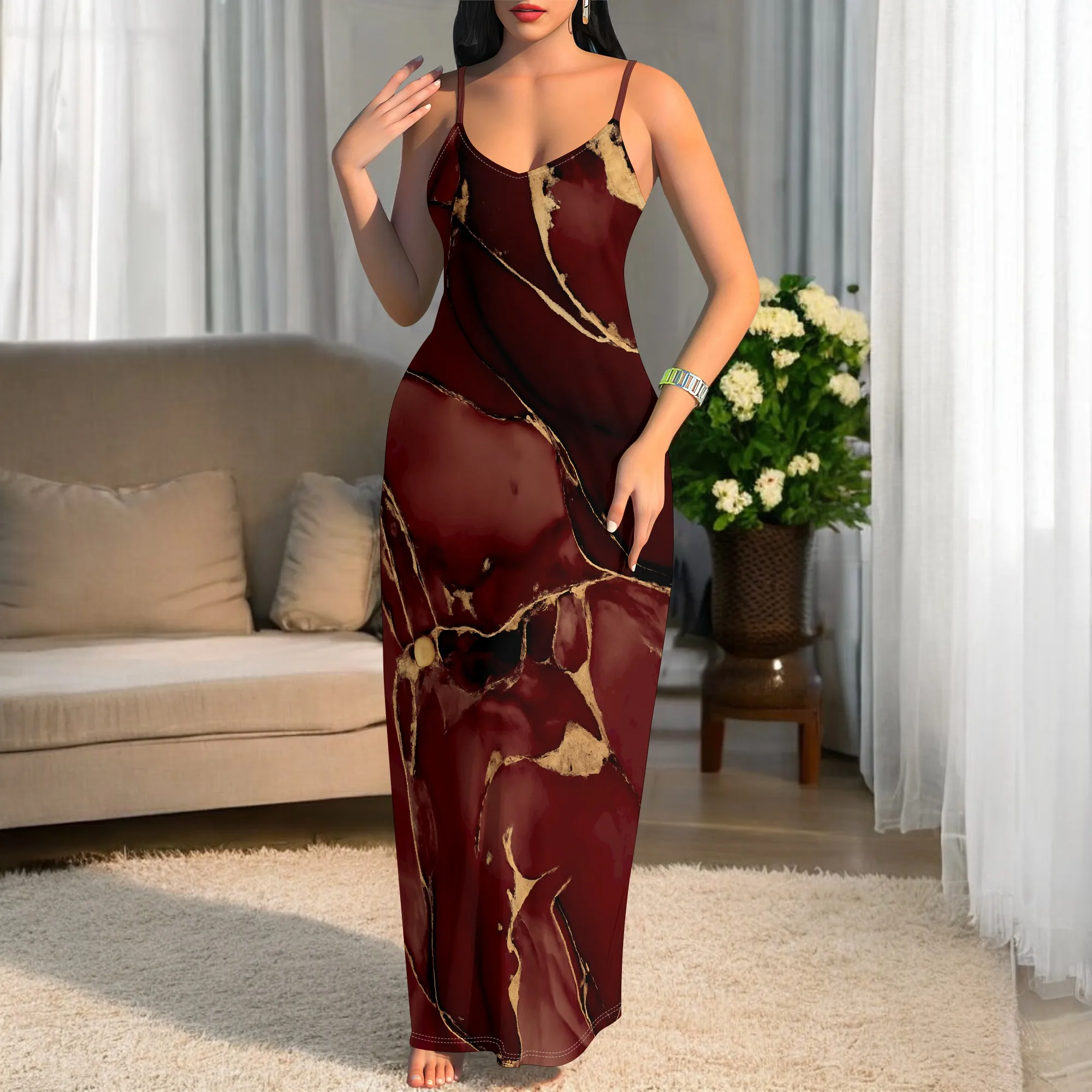 

Burgundy Marble Print Maxi Dress S-3XL Spaghetti Strap Bodycon Style for Elegant Dinner, Art Gallery or Evening Party Look