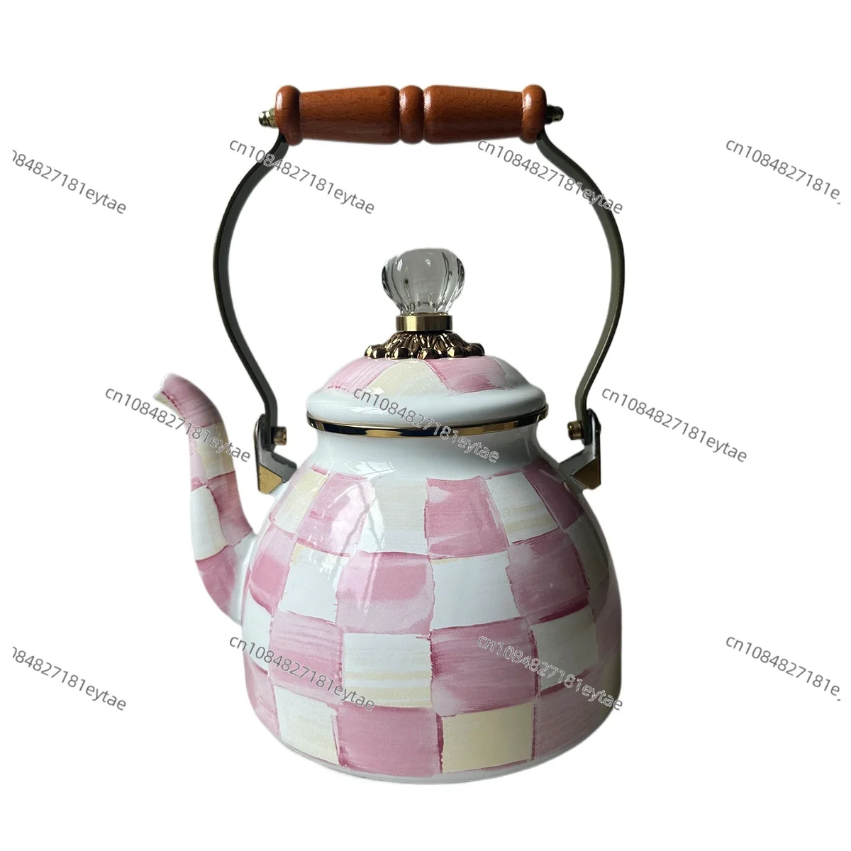 European Handmade Enamel Teapot Coffee Pot Black White Checkered American Oil Painting Style