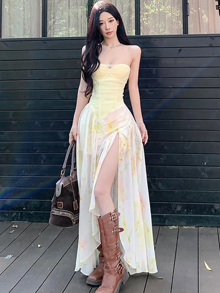 

Summer Floral Chiffon Patchwork Chic Chest Wrapping Sexy Dress Women Elegant Casual Long Dress 2025 Korean Bodycon Evening Dress