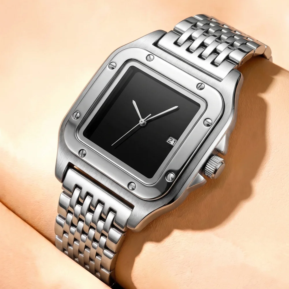 European and American Trendy Men's Square Quartz Watch, Business Commuter Waterproof Calendar Watch, Replica Classic Style, Steel Band, Light Luxury Men's Watch, Gift-Giving Versatile Fashion Casual Wristwatch