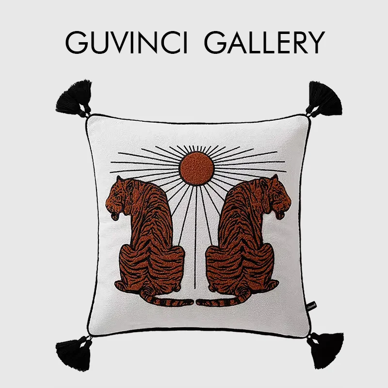 

GUVINCI Bohemian Style Double Tigers Under The Sun Heavy Embroidered Cushion Cover Luxury Exotic Throw Pillowcase For Villa Home