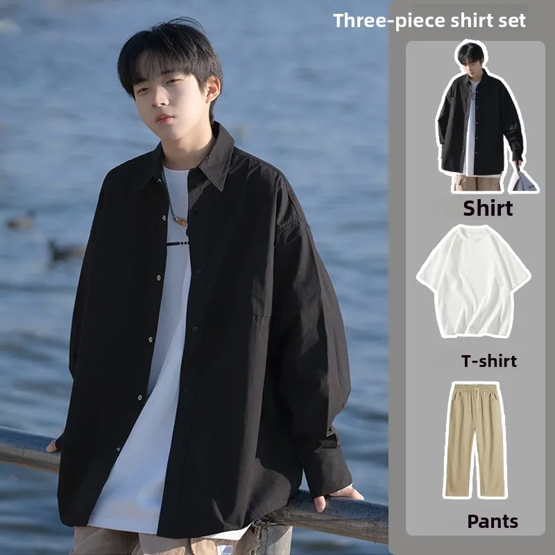 

American Style Long Sleeve Shirt Boys Three Piece Set Salt System Vintage Shirt Jacket Loose Fit Youth Spring Summer Fashion