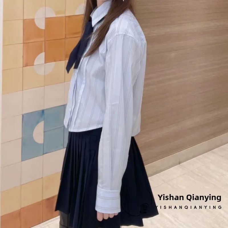   ort Gestreepte irt voor dames in de vroege herfst Fre College Sle Contrasterende kleur Gordel Geplooid Puur katoen Lange sl...