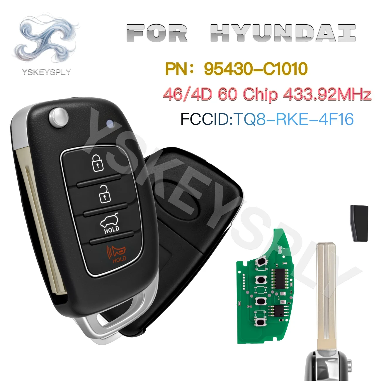 

For Hyundai Sonata 2014-2018 Flip Remote Key Fob FCCID TQ8-RKE-4F16 ID46/4D60 Chip 433MHz Folding Remote Key P/N 95430-C1010