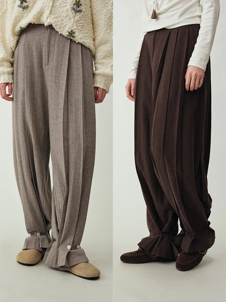 

Шерстяные брюки UMILAB с высокой посадкой, регулируемыми манжетами на пуговицах, из твидовой шерсти, прямого кроя, повседневные, для женщин