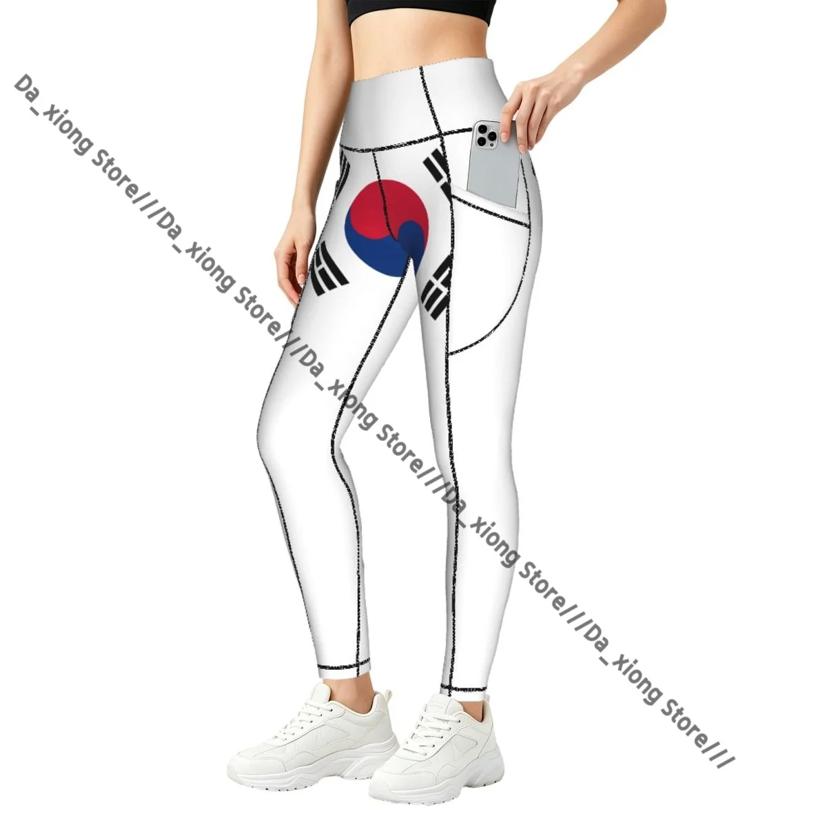 

Women Slim Fit Yoga Pants With Pockets Korean Flag Hip Lifting Sports Fitness Pants