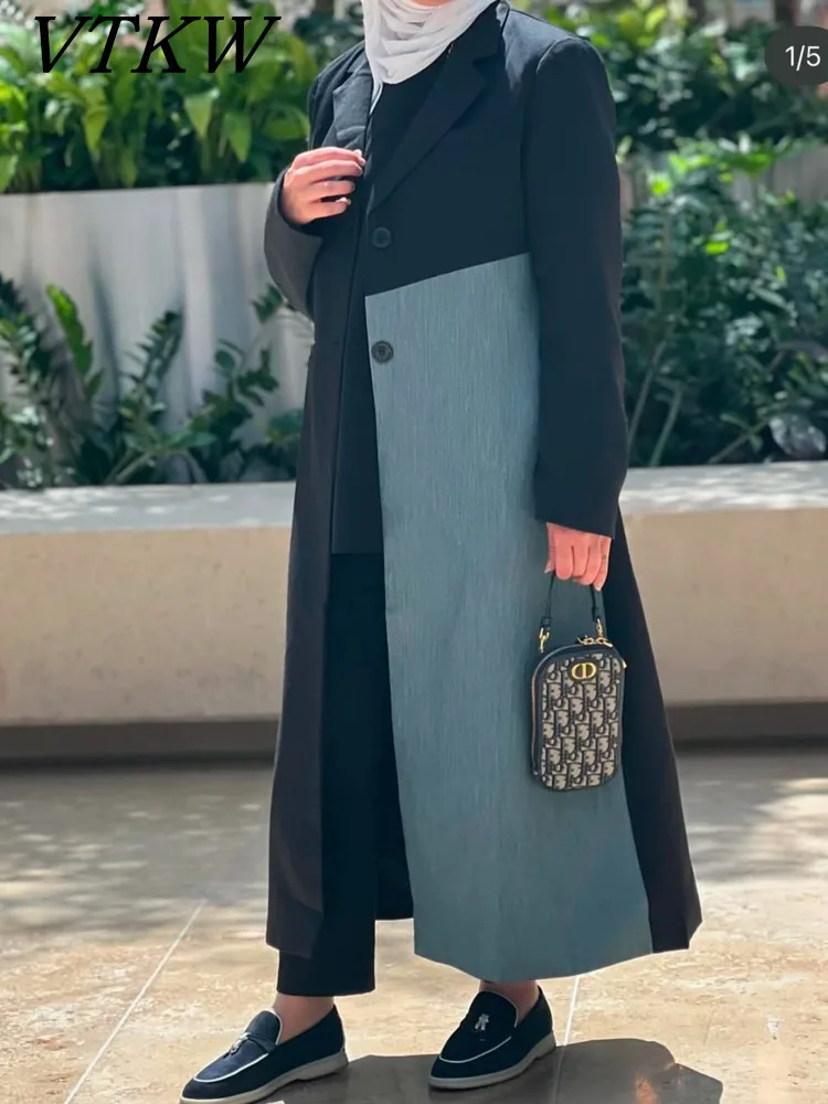 

VTKW Women’s 2025 Designer Block Oversized Longline Trench Coat Spring Summer Lightweight Two Button Patchwork Versatile Jacket