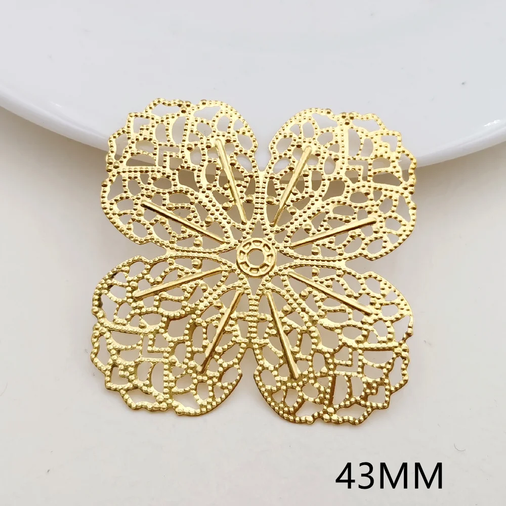 20/100PCS 43mm Gold Color Metal Filigree Hollowed-out Four-leaf Flower Slice Charms Base Setting DIY Jewelry Components Findings