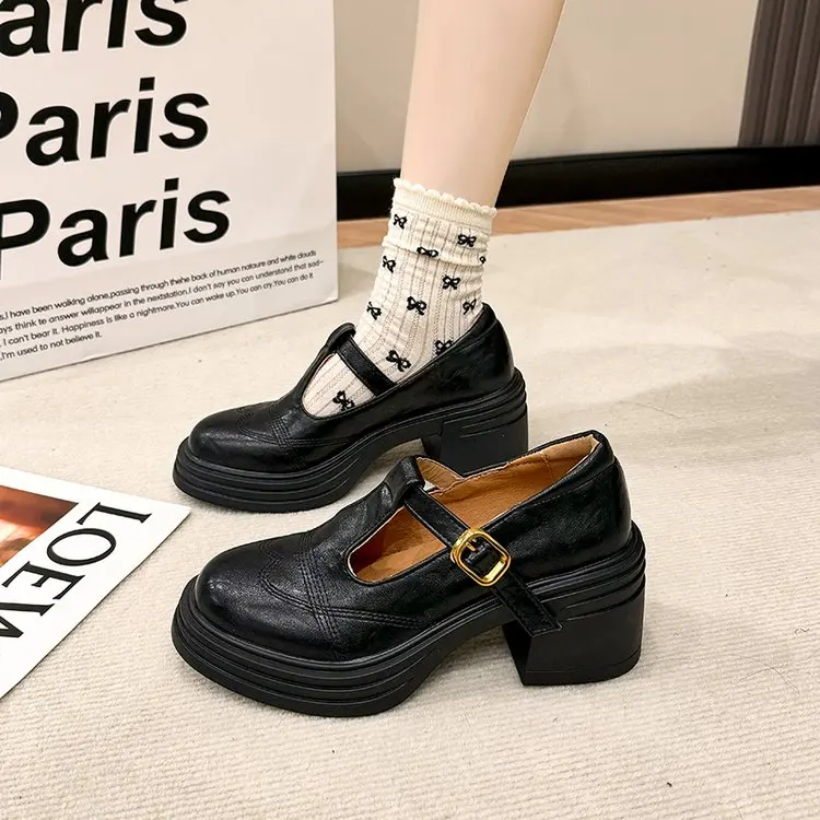 

Bla Mary Jane oes Женская весенняя новинка на каблуке в стиле ретро Single oes Маленькая кожаная нескользящая резиновая подошва с круглой головкой