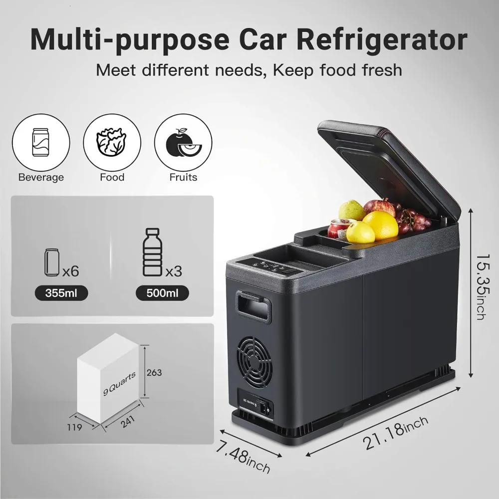 12 Volt Car Refrigerator, 9 Quart (8L) Small Car Fridge, Portable Refrigerator (5℉-68℉), 12/24V DC for Outdoor