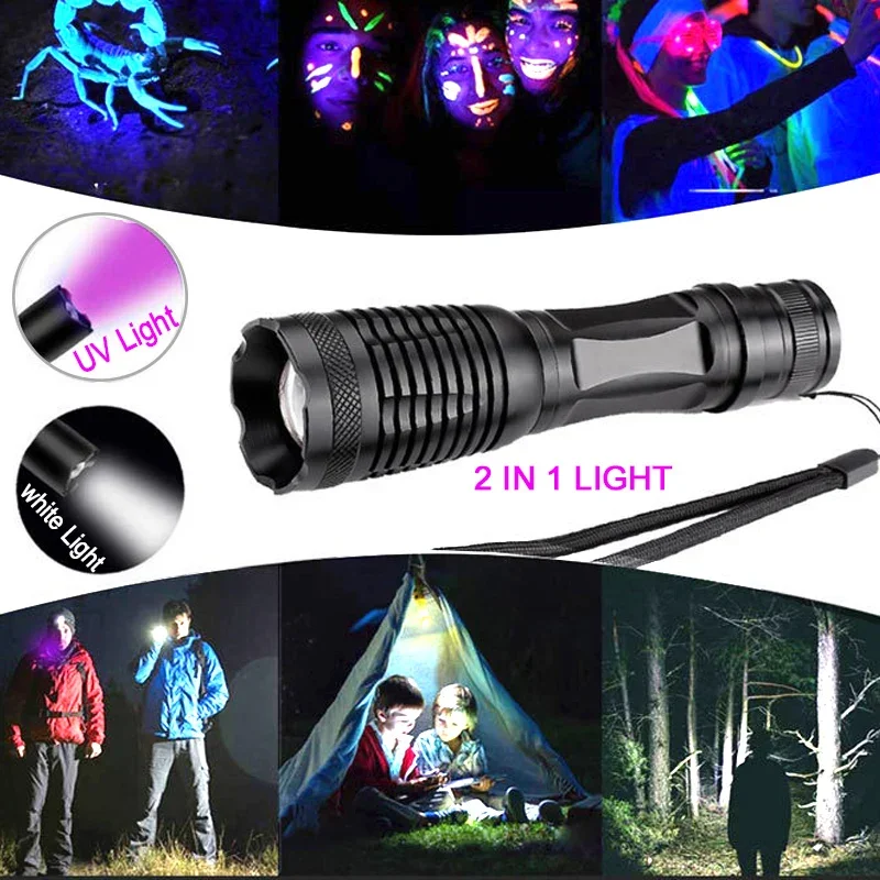 10000LM 2in1 UV Flashlight LED Linternas Torch 395nm Ultraviolet Urine Detector for camping Carpet Pet Urine Catch Scorpions