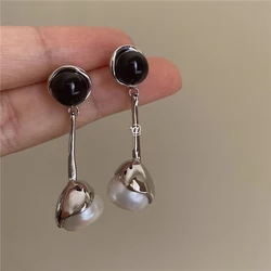 Brass Natural Pearl Black Jade Earrings Women Jewelry Punk Party T Show Gown Runway Korean Japan INS