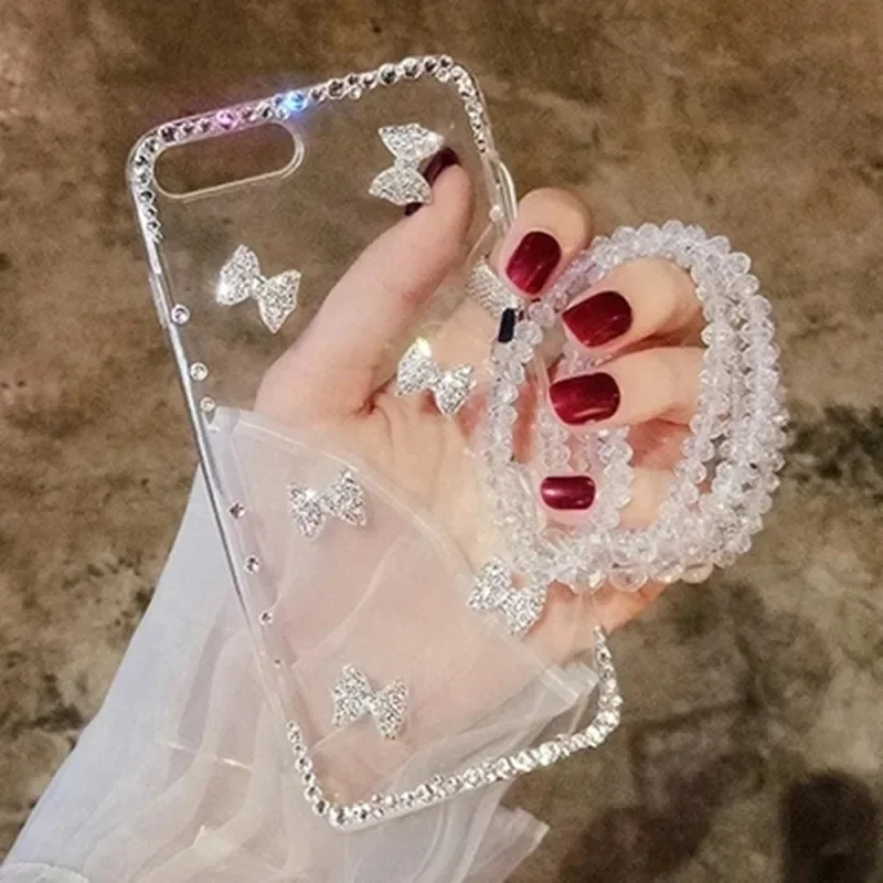 Transparent Soft TPU Cover for Samsung Galaxy, Glitter Bling, Rhinestone Bow, Luxury Case, S23 Ultra, S24, S21, S22 Plus, Note20
