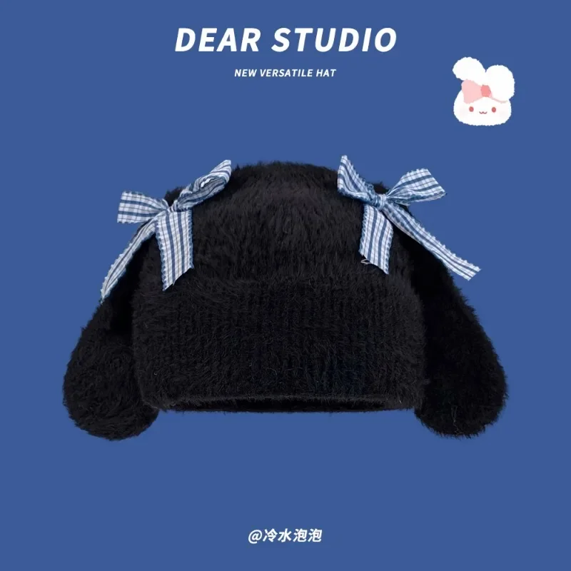 New Japanese Sweet Bow Rabbit Ear Plush Knitted Hat Women\'s Winter Plush Warm Cute Ear Protector Skull Beanie Cap Bonnet