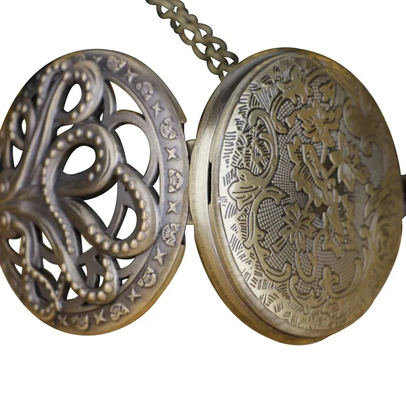 Hollow Quartz Pocket Watch Octopus Dial Roman Numerals Men Women Student Necklace Pendant Clock Gift Pop Jewelry
