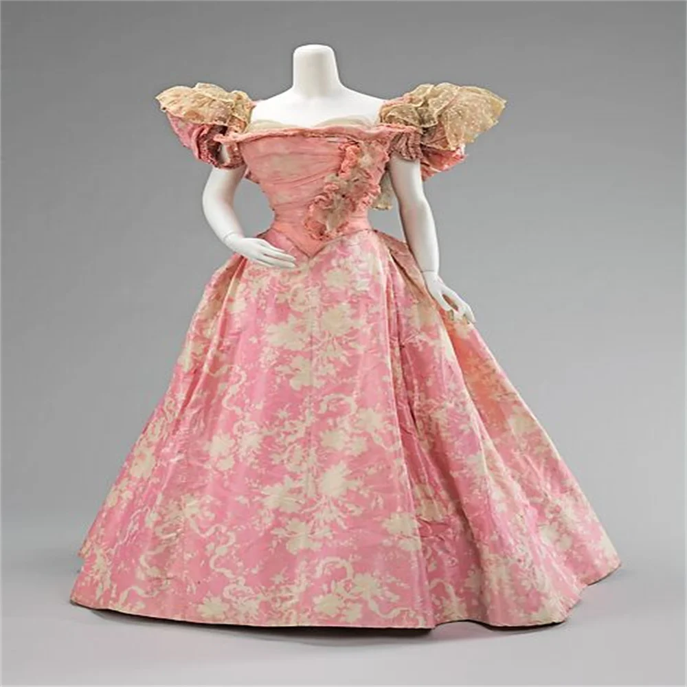 

1889s Victorian Pink Floral Edward French Fashion Belle Gown Dress Civil War Southern Fancy Ball Gown