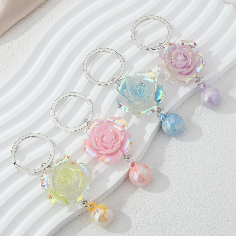 Pretty Acrylic Keychains Colorful Rose Flowers Plants Bead Key Rings For Women Girls Friendship Gift Handbag Decoration Jewelry