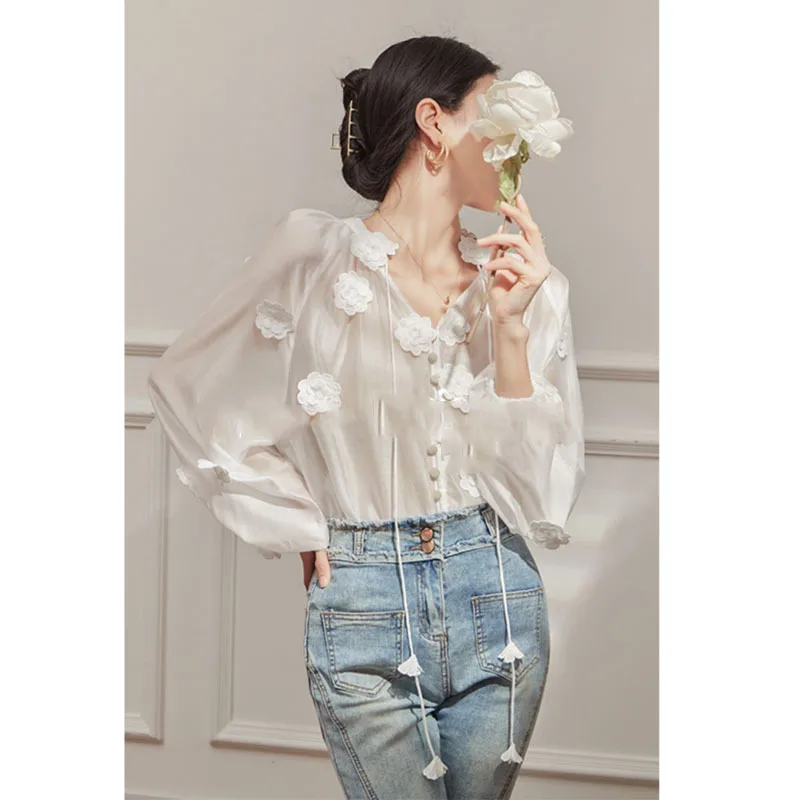 New 2024 Design Women Blouse 3D Flowers Attached Shirt Female Sexy Transparent V-neck Lantern Sleeve Loose Top French Style 3931