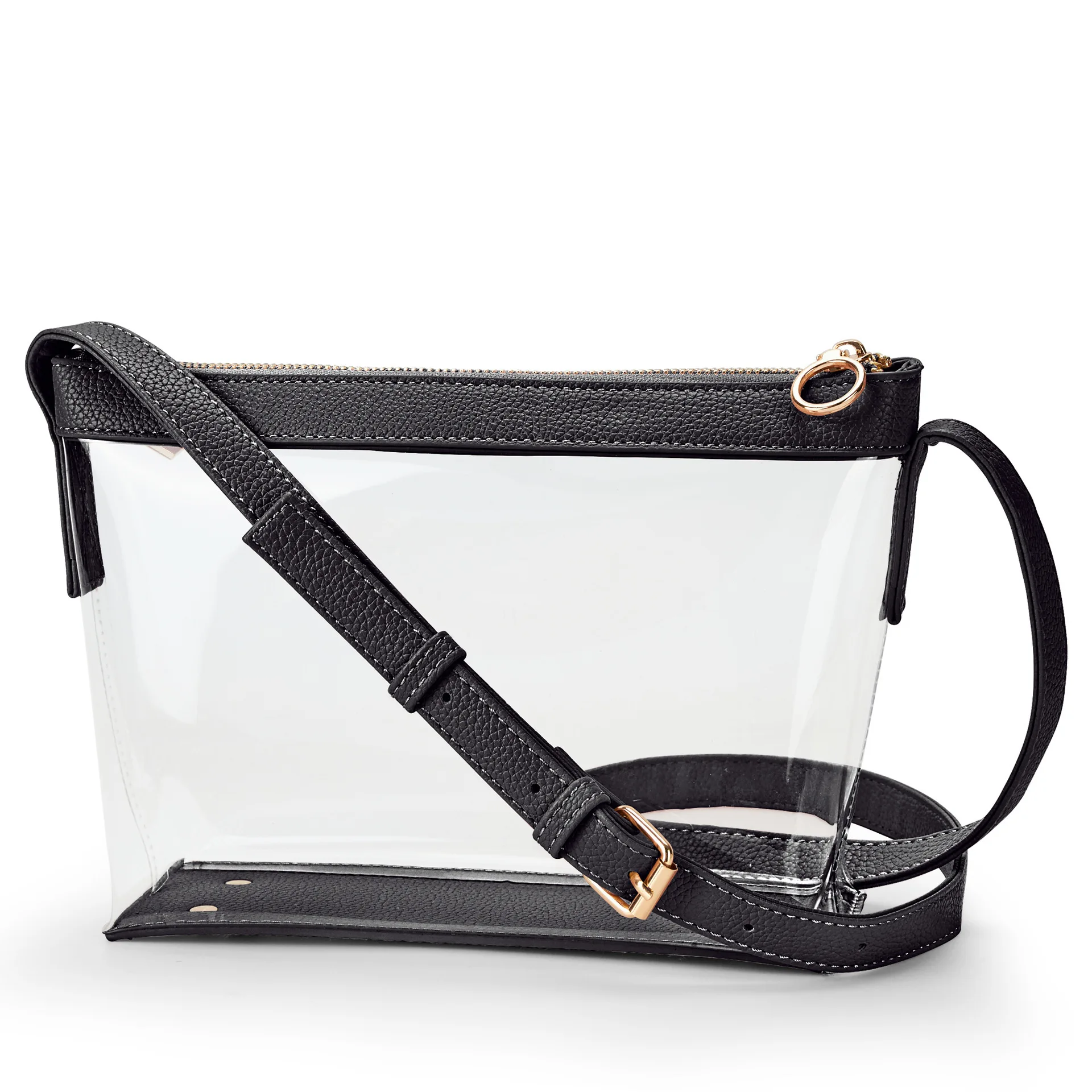 Bolso Bandolera Transparente de PVC Ecológico de Alta Calidad para Mujer con Ribete de Cuero y Cierre Moderno