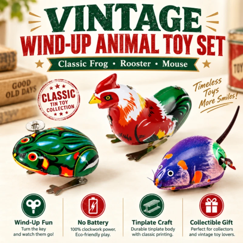 Vintage Wind‑Up Tin Toy Set, Retro Clockwork Jumping Frog Rooster Mouse Ornament, No‑Battery Collectible Desktop Decor Gift