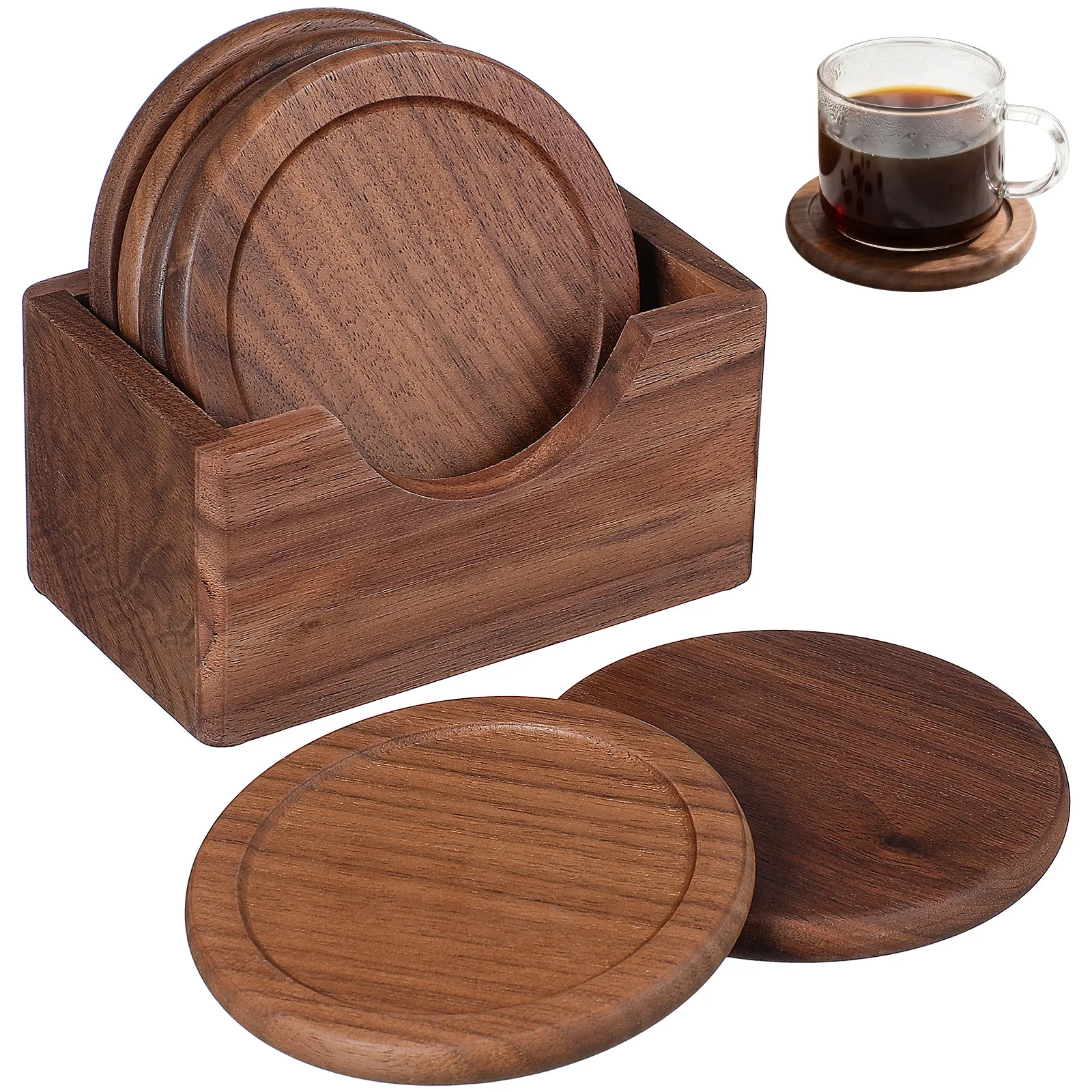 6Pcs Natural Black Walnut Round Wooden Coasters Heat Insulating Drink Mats Crafted with Varnish Finish Ideal Gift for Family