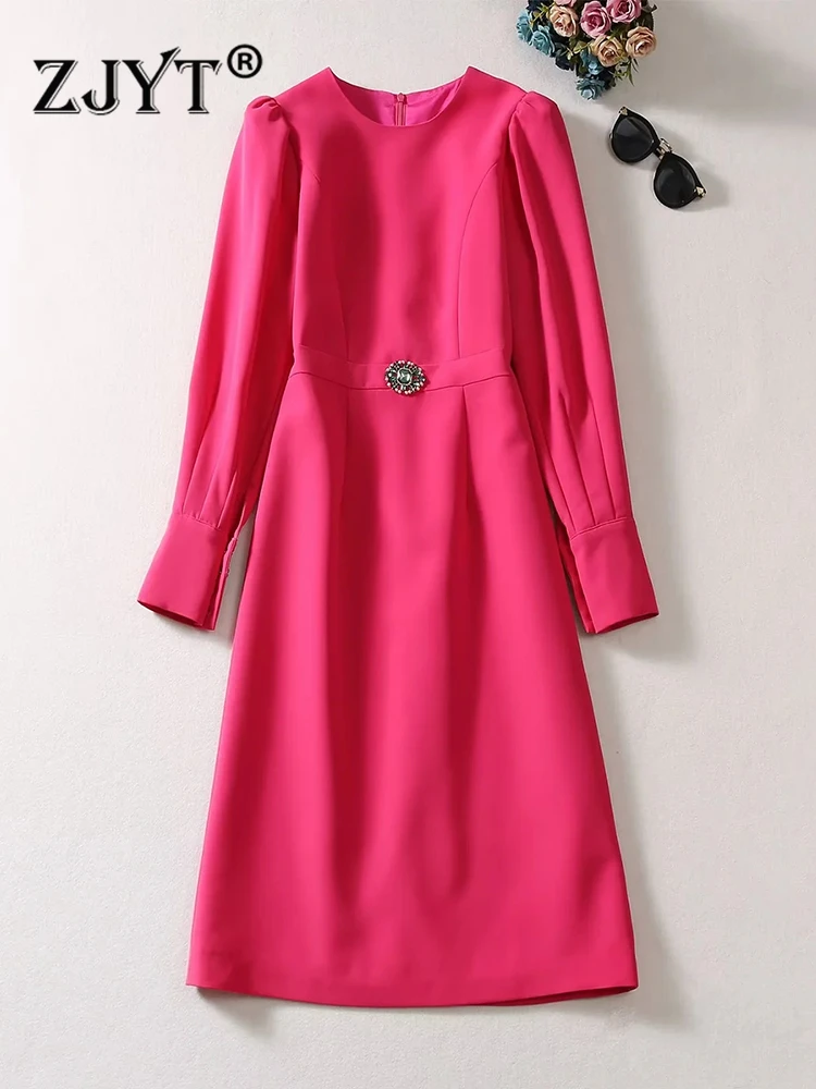 

ZJYT Fashion Autumn Long Sleeve Party Dresses for Women 2023 Designer Crystal Buttons Simple Vestidos Rose Red Office Lady Robe