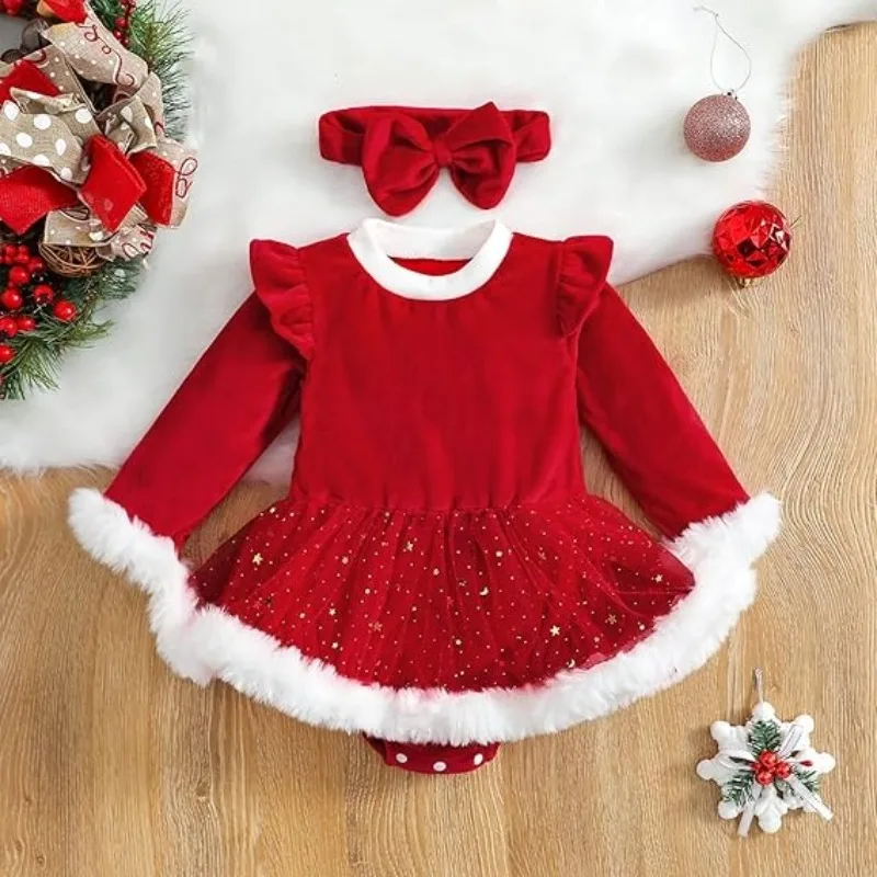 2Pcs Toddler Baby Girl Christmas Dress Santa Claus Dress Princess Dress Cute Christmas Outfit bebe ropa bebe niña одежда для