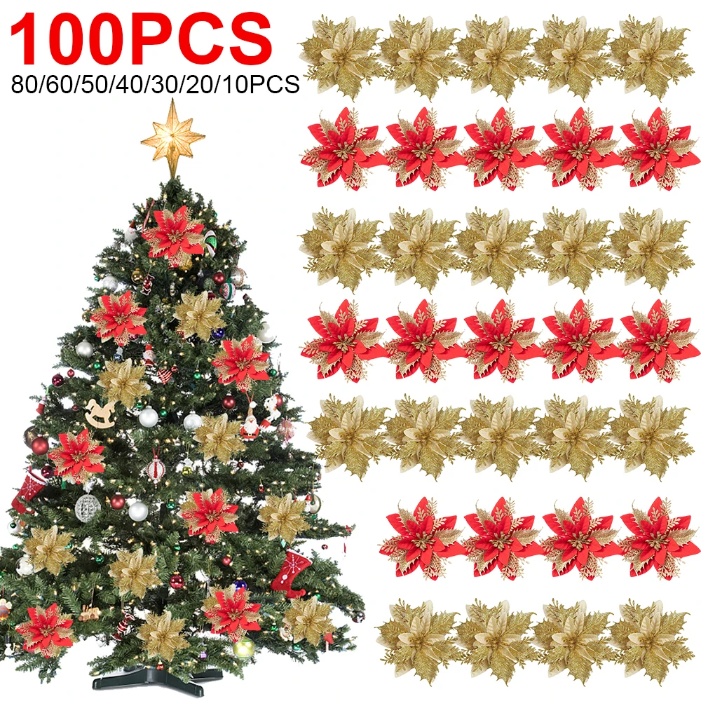 

20/10PCS Artificial Poinsettia Flower Christmas Tree Decoration Ornaments Merry Christmas Festival Holiday Decoration Garland