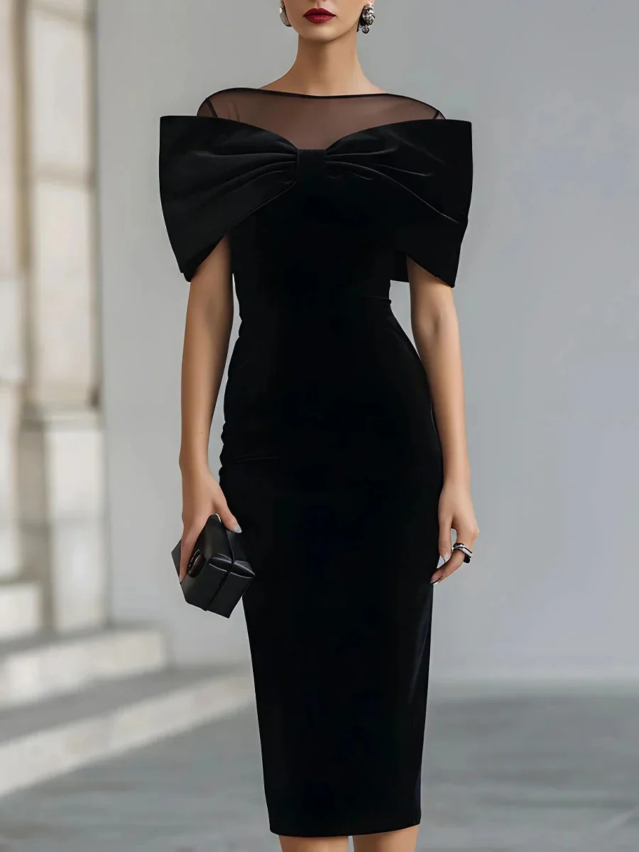 Sexy Split Solid Velvet Dresses Fashion Temperament Off Shoulder Gowns Women Elegant Mesh Splicing Cape Sleeve Slim Party Dress