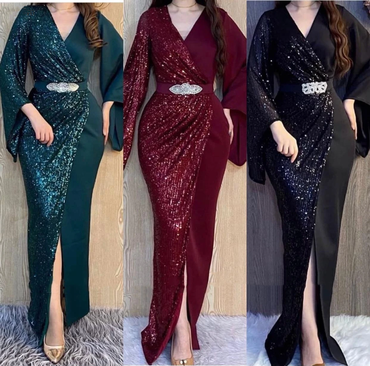 Happy Custom Simple Green Sequins Mermaid Evening Dresses Full Sleeves V-Neck Slit Formal Evening Gowns