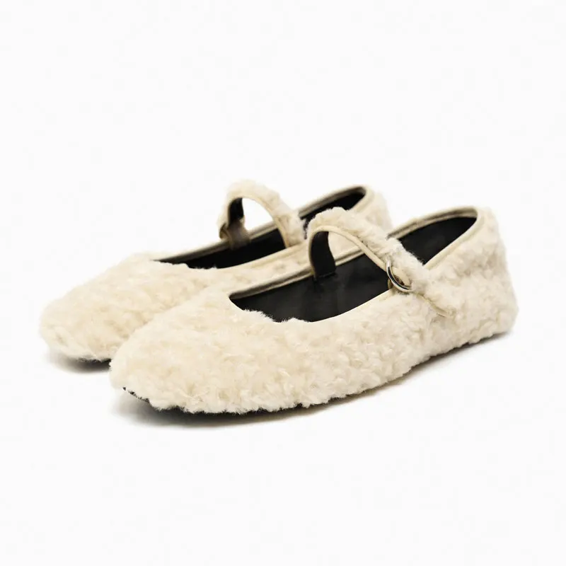 

2023 Autumn Sweet White Mary Jane Shoes Shallow Mouth Fur Flat Shoes Lamb Wool Shoes With One-button Ballet Flats Shoe